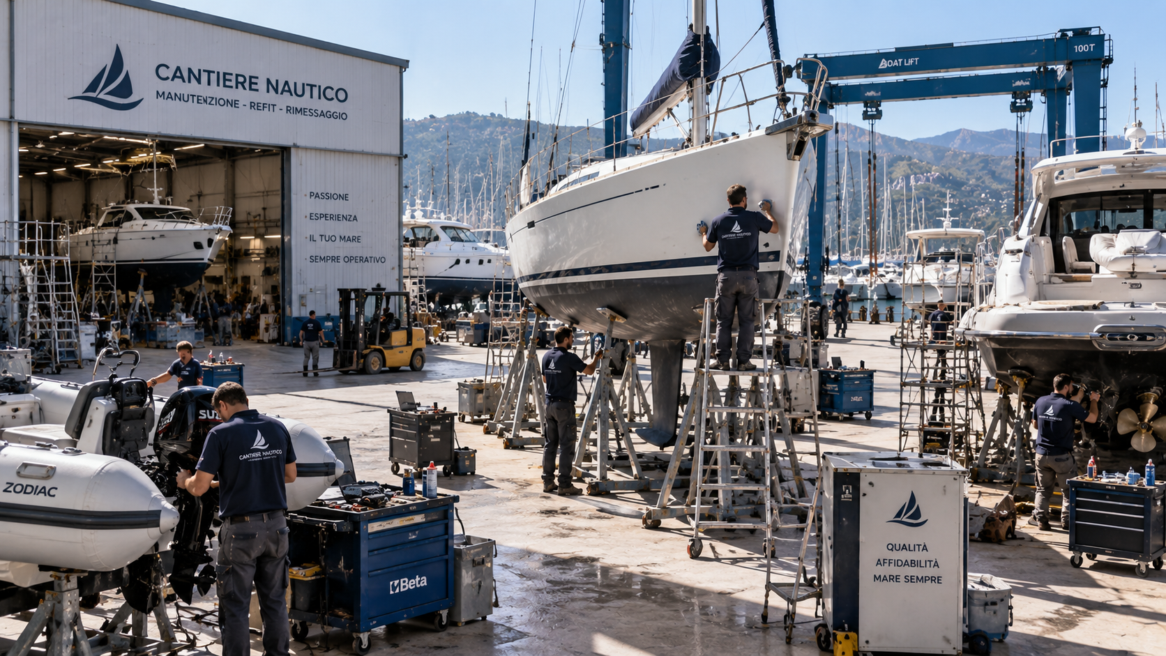 Cantiere nautico con imbarcazioni in manutenzione e operatori al lavoro