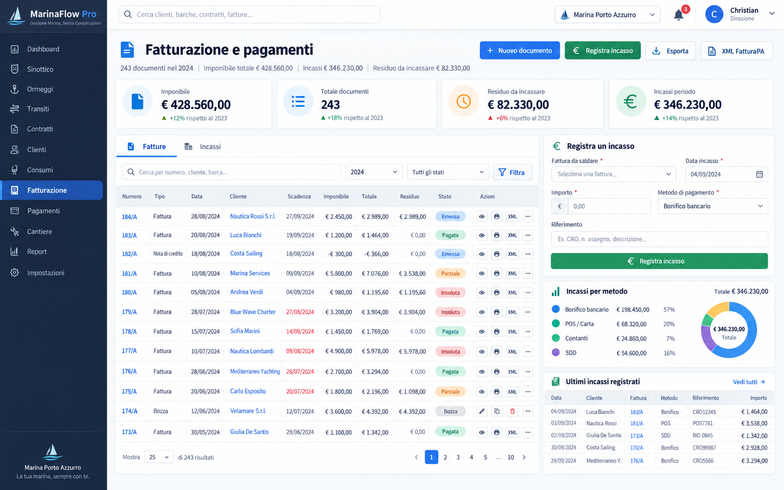 Fatturazione e pagamenti in MarinaFlow Pro: documenti, incassi ed export XML FatturaPA