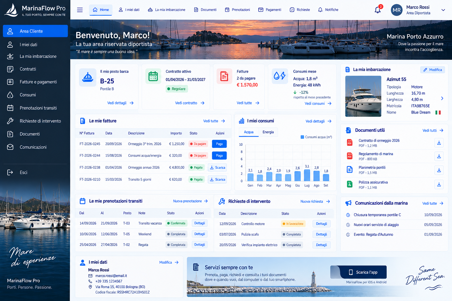 Area cliente del portale diportisti MarinaFlow: contratti, fatture, consumi e documenti