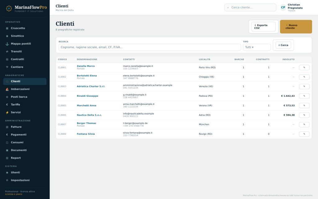 Gestione clienti e anagrafiche nel software MarinaFlow Pro.