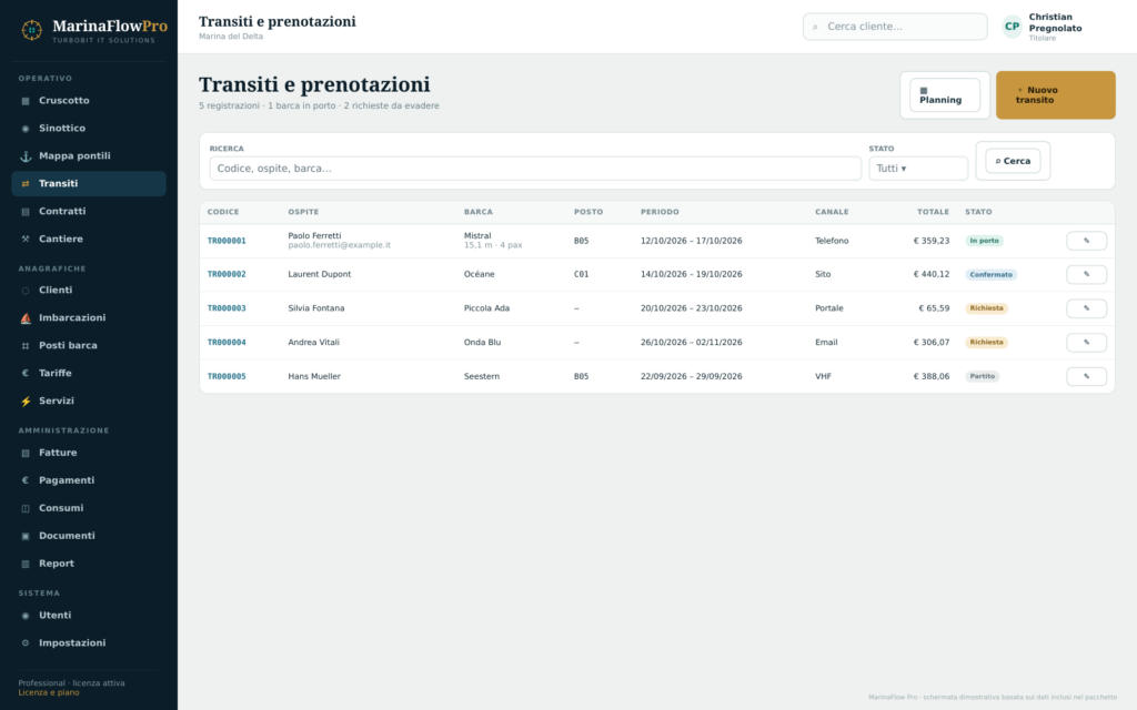 Gestione transiti e prenotazioni per porti turistici con MarinaFlow Pro.